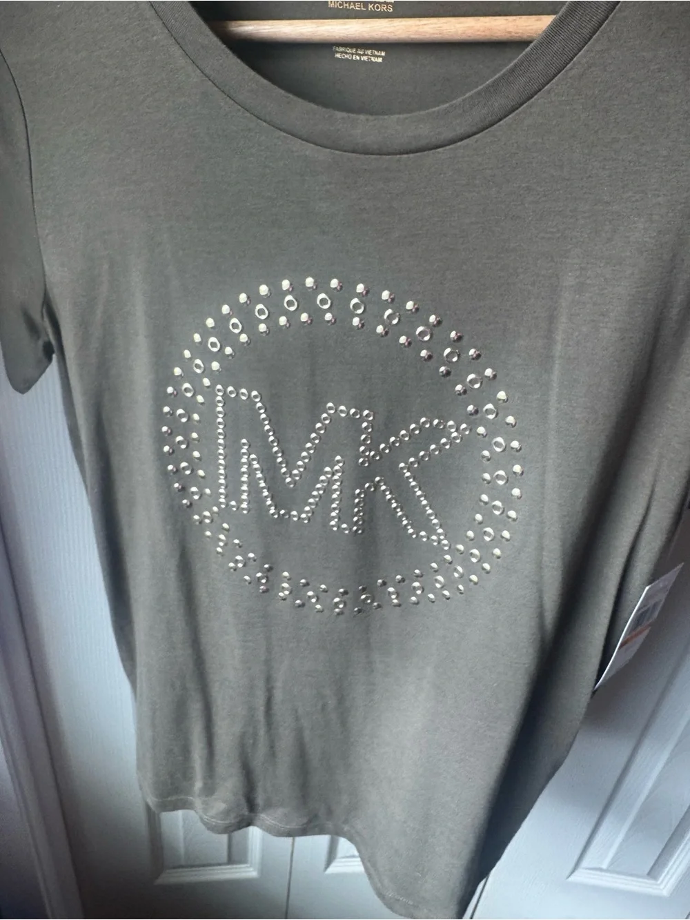 Michael Kors Olive Studded MK Logo Tee with Cream Wide-Leg Pants